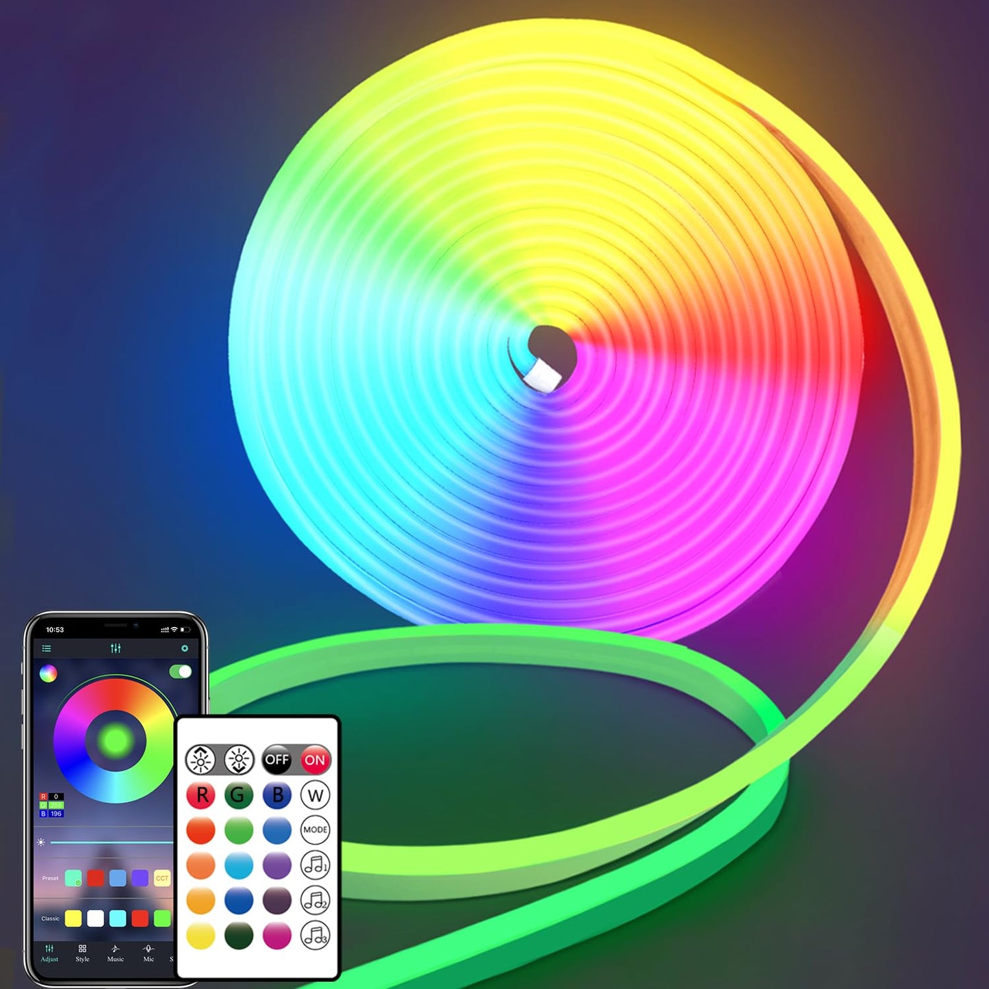 segrass 32.8ft LED neon Lights with Remote APP Control IP65 Waterproof Flexible Neon Strip Lights 24V RGB Rope Lights for Bedroom Room Outdoors Décor