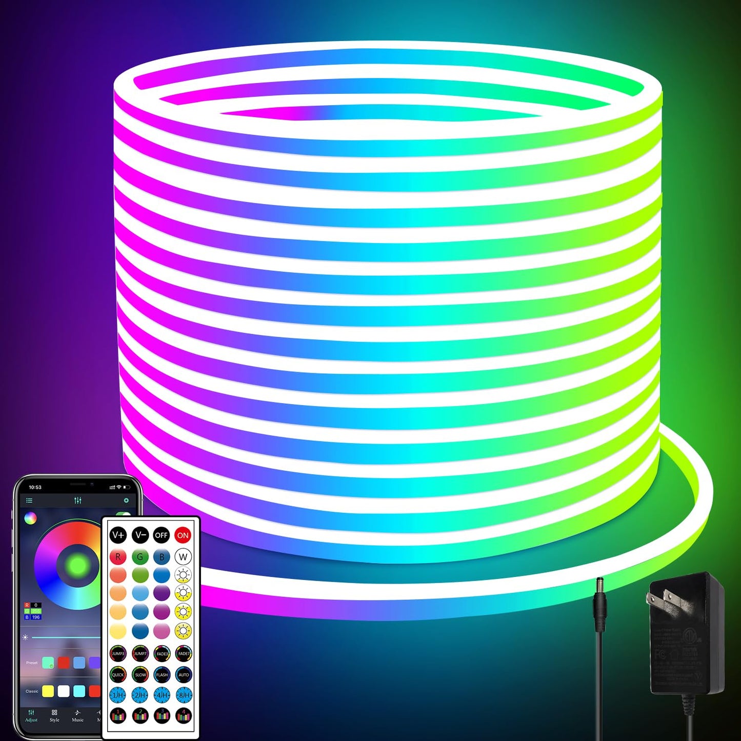 segrass 32.8ft LED neon Lights with Remote APP Control IP65 Waterproof Flexible Neon Strip Lights 24V RGB Rope Lights for Bedroom Room Outdoors Décor