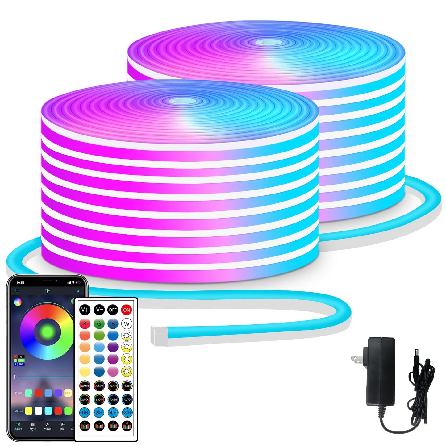 segrass 32.8ft LED neon Lights with Remote APP Control IP65 Waterproof Flexible Neon Strip Lights 24V RGB Rope Lights for Bedroom Room Outdoors Décor