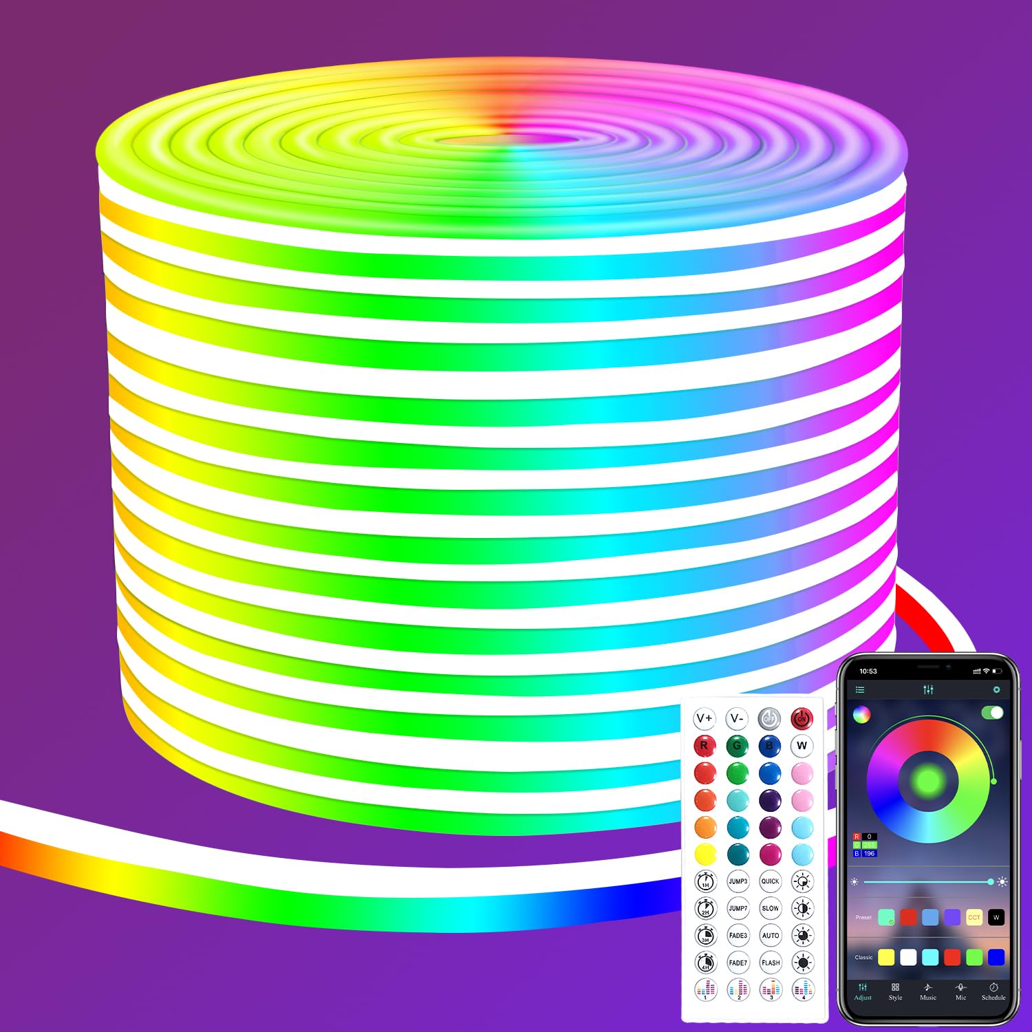 segrass 32.8ft LED neon Lights with Remote APP Control IP65 Waterproof Flexible Neon Strip Lights 24V RGB Rope Lights for Bedroom Room Outdoors Décor