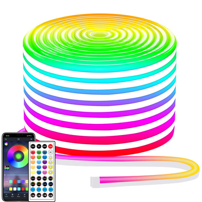 segrass 32.8ft LED neon Lights with Remote APP Control IP65 Waterproof Flexible Neon Strip Lights 24V RGB Rope Lights for Bedroom Room Outdoors Décor